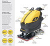 Tornado TS350-W20-U orbital scrubber labeled features including 20x14 scrub head, 14-gallon tanks, traction drive wheels, and squeegee system