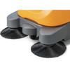 Close-up of dual side broom brushes on TASKI Balimat 3300 industrial sweeper for edge and corner cleaning