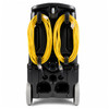 Rear view of the NSS Rally 1200 high-pressure extractor showing dual power cords, onboard cord storage, recovery tank access, and heavy-duty transport wheels on a white studio background.