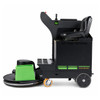 Full side-profile image of the NSS eForce 27-inch ride-on burnisher showing the large burnishing deck, integrated dust control system, and compact maneuverable design for daytime floor polishing in commercial facilities.