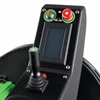 Close-up image of the NSS eForce Burnisher operator control panel featuring the patented joystick steering system, touchscreen display, emergency stop button, and key switch controls for intuitive ride-on burnisher operation.
