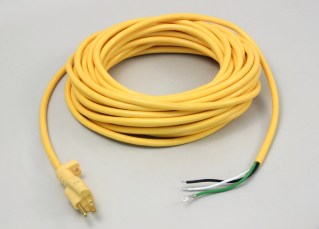 Power Cord, 16/3 Yellow, Smooth Jacket, 50', Molded Plug, Brass Plug Blades