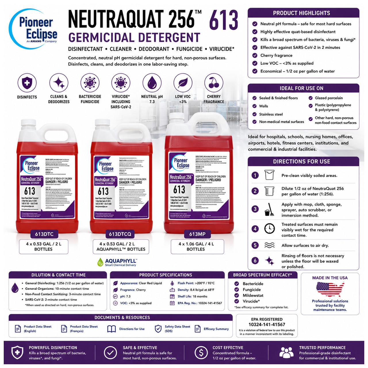 Pioneer Eclipse NeutraQuat 256 613 Germicidal Detergent package-size image showing 613DTC, 613DTCQ AquapHyll, and 613MP containers for disinfecting, cleaning, deodorizing, and sanitizing hard non-porous commercial surfaces.