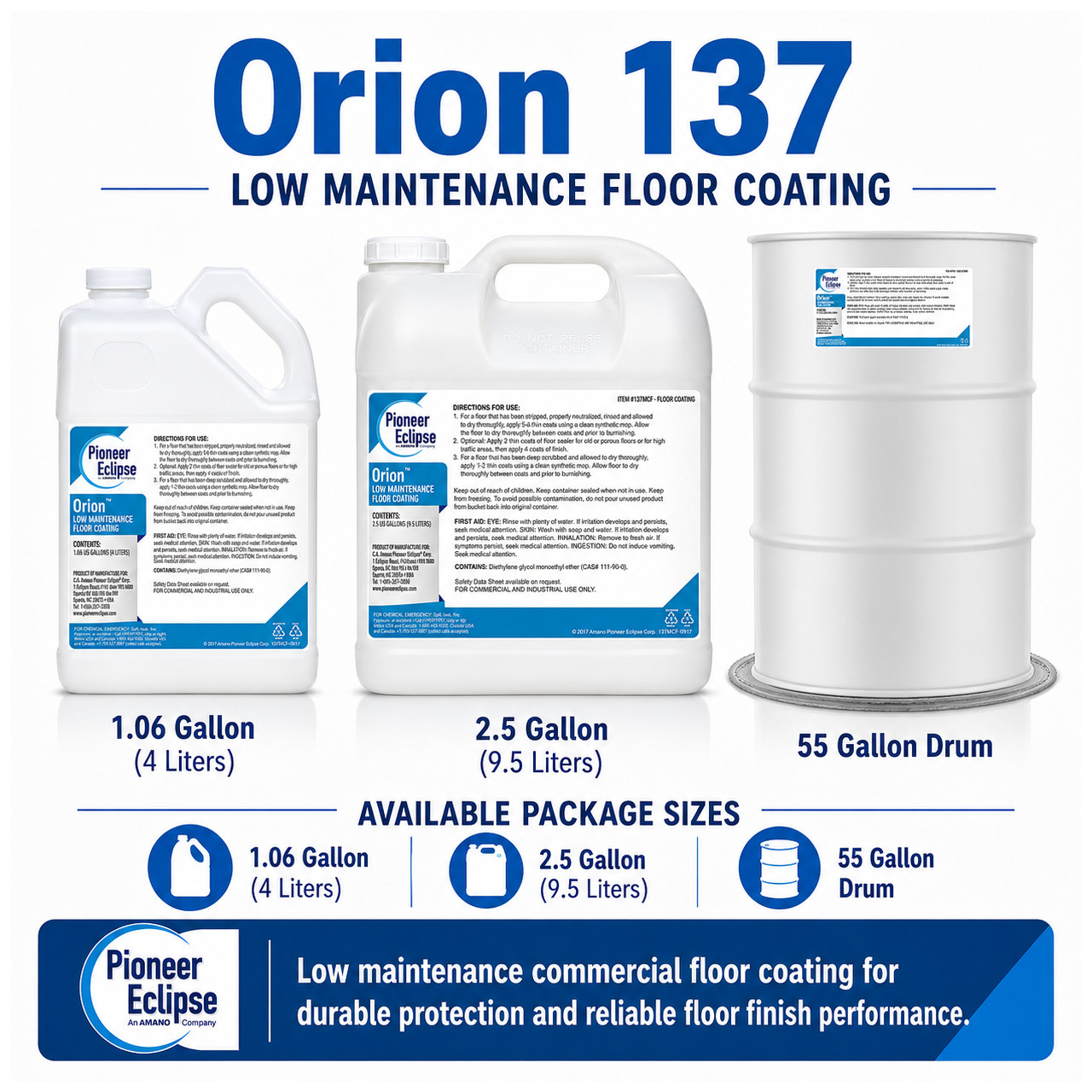 Orion 137 Low Maintenance Floor Coating provides durable high-gloss floor protection with reduced burnishing and recoating needs for VCT, LVT, terrazzo, marble, concrete, and quarry tile floors.