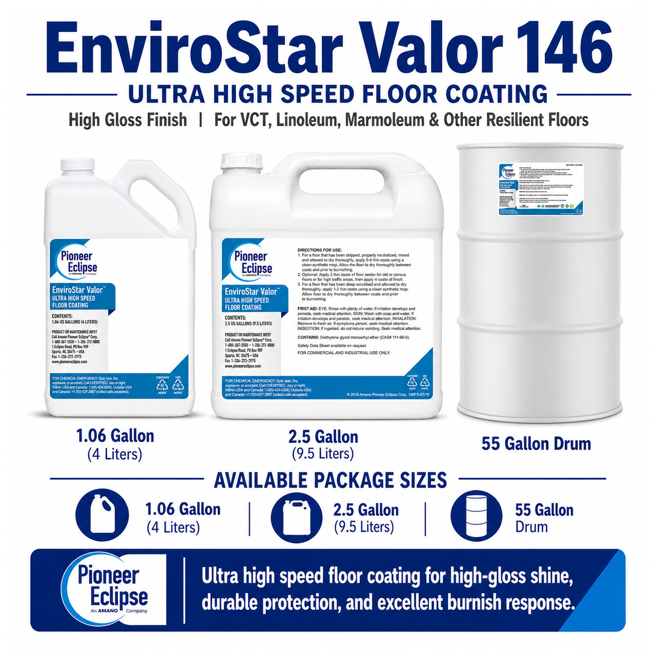 Pioneer Eclipse EnviroStar Valor 146 Ultra High Speed Floor Coating 1.06 gallon / 4 liter container for commercial high-gloss floor coating and burnishing programs.