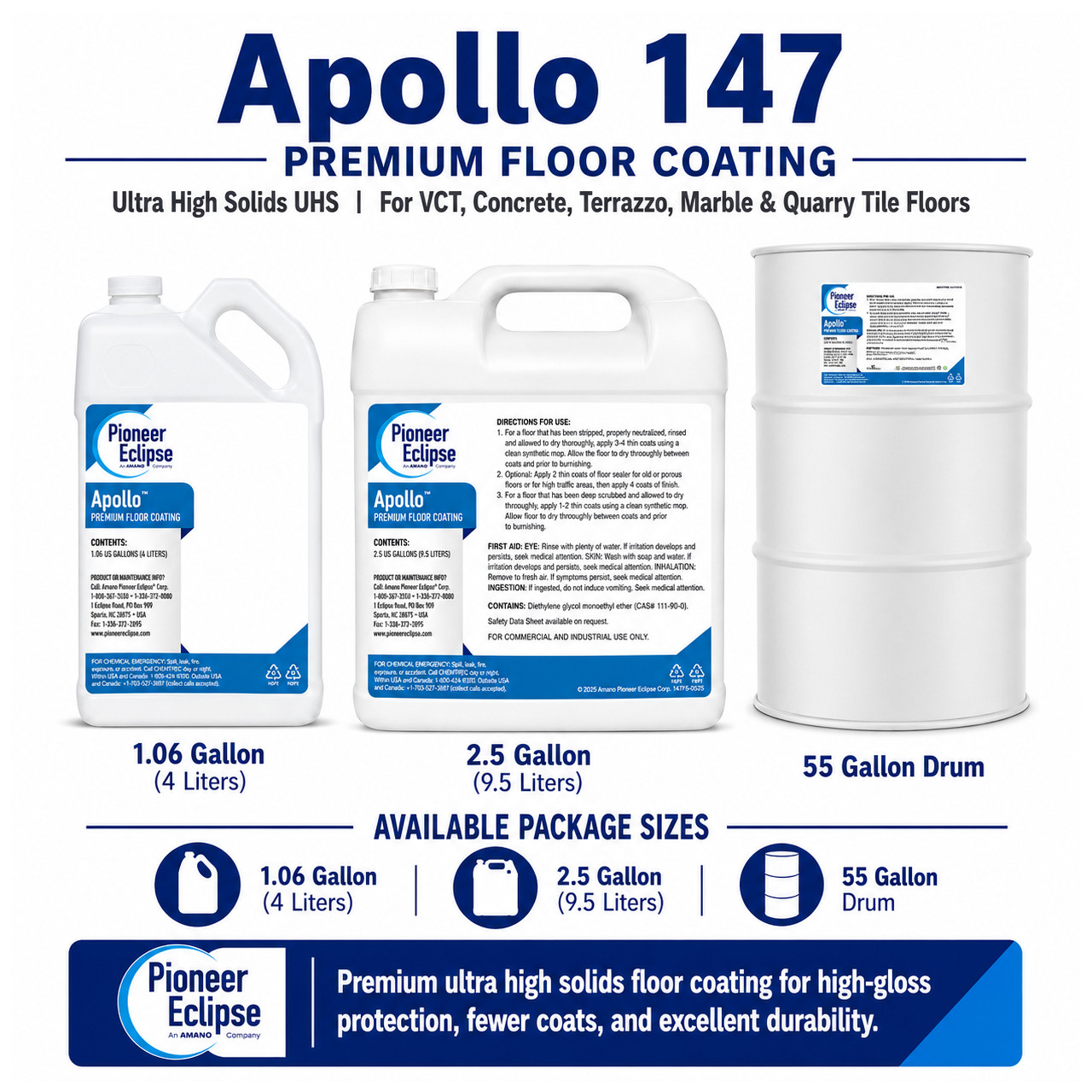Apollo 147 is designed for premium high-gloss floor finish programs with repairable durability and efficient coverage.
