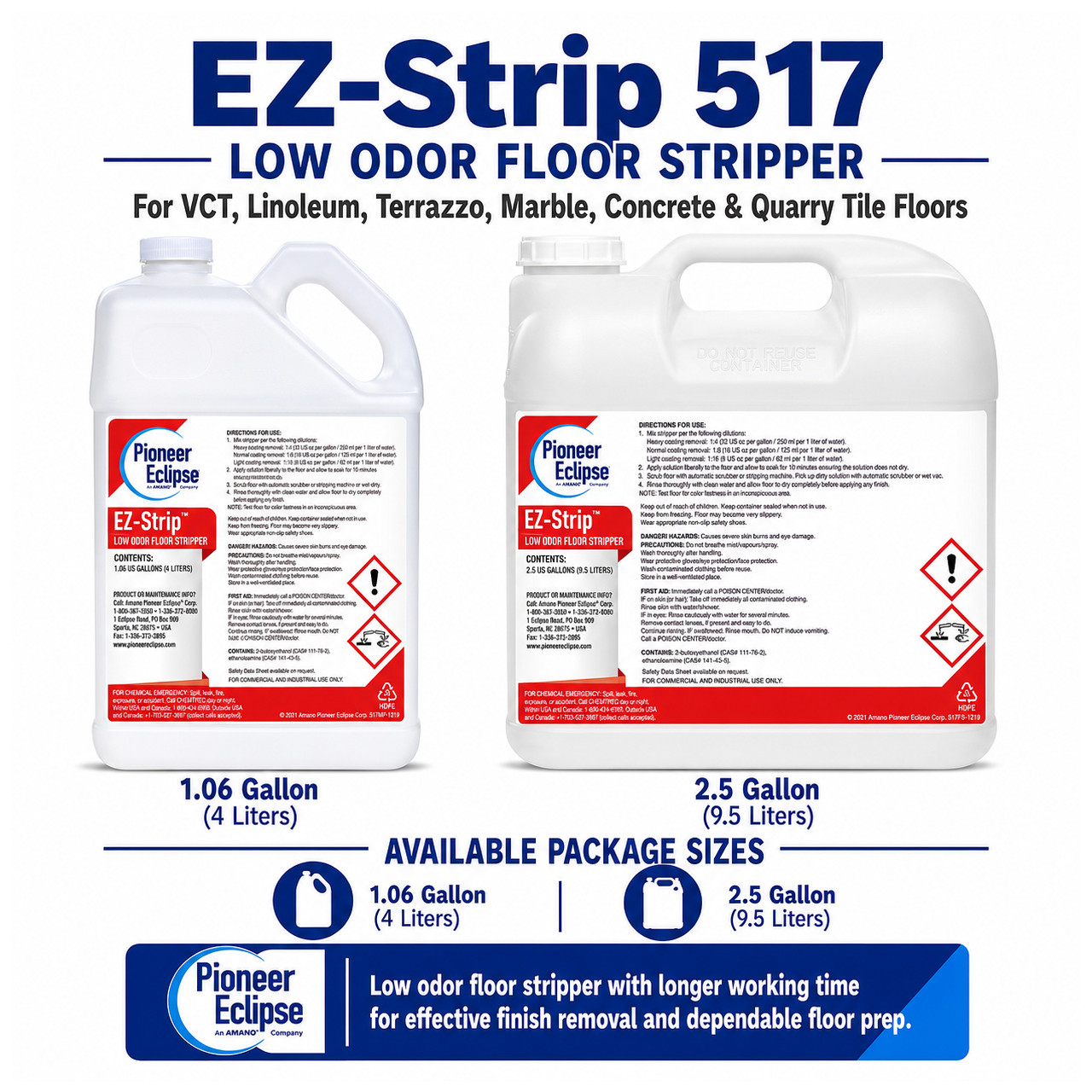 Pioneer Eclipse EZ-Strip 517 Low Odor Floor Stripper 2.5 gallon container for removing commercial floor finish from VCT, linoleum, terrazzo, marble, concrete, and quarry tile.