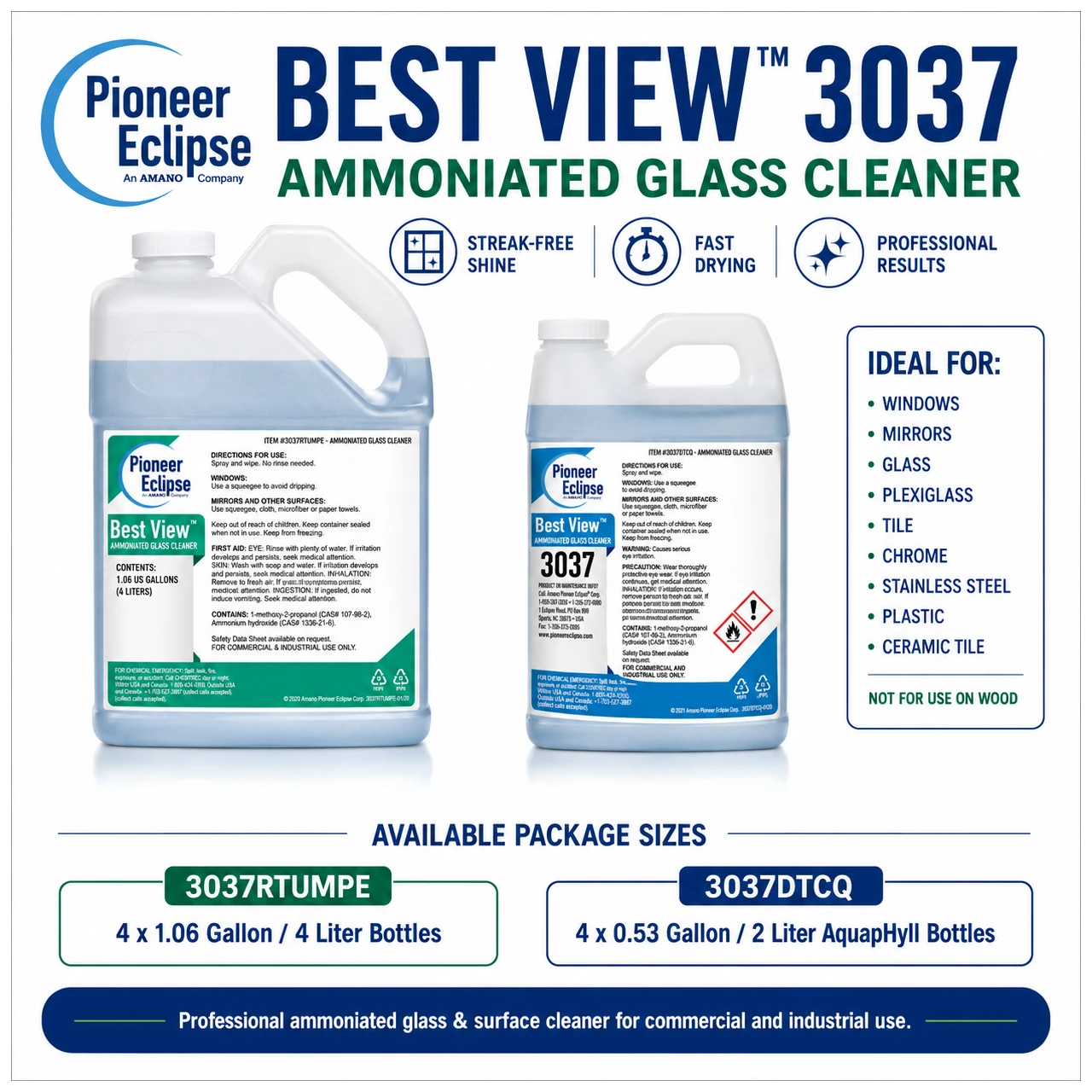 Pioneer Eclipse Best View 3037 Ammoniated Glass Cleaner package-size image showing 1.06 gallon / 4 liter and 0.53 gallon / 2 liter AquapHyll containers for commercial glass, windows, mirrors, plexiglass, tile, chrome, stainless steel, plastic, and ceramic tile cleaning.