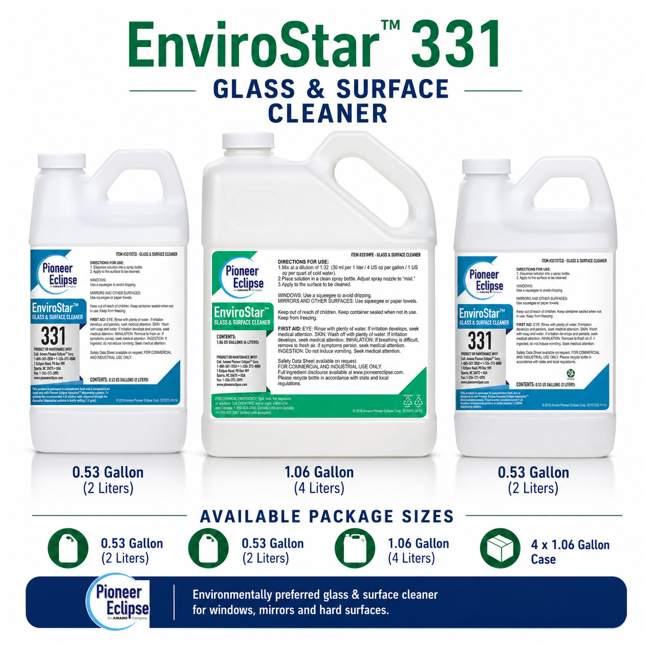 Pioneer Eclipse EnviroStar 331 concentrated glass and surface cleaner for commercial facilities.