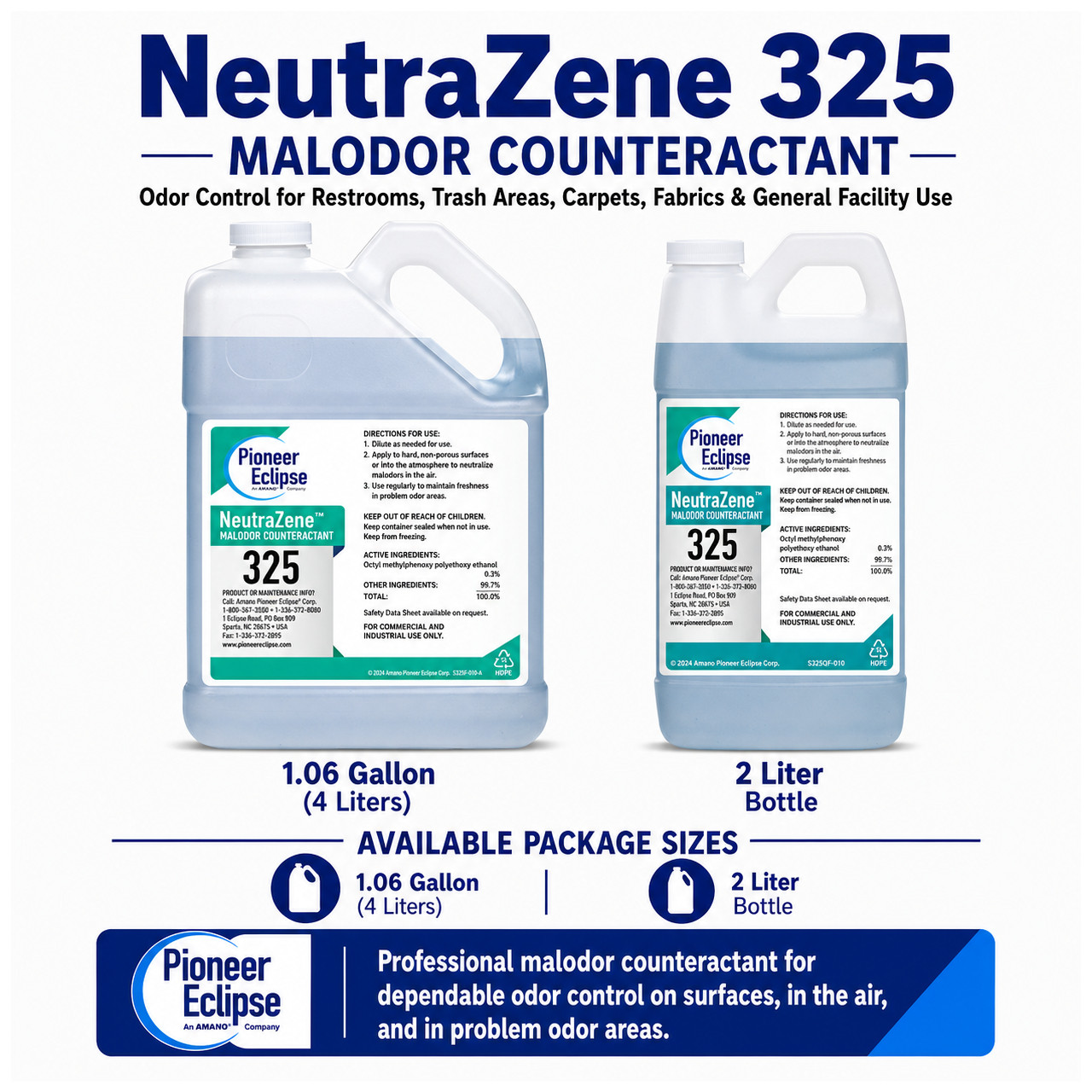 Pioneer Eclipse NeutraZene 325 Malodor Counteractant product graphic showing 1.06 gallon / 4 liter and 2 liter package sizes for commercial odor control on surfaces, in room air, and problem odor areas.
