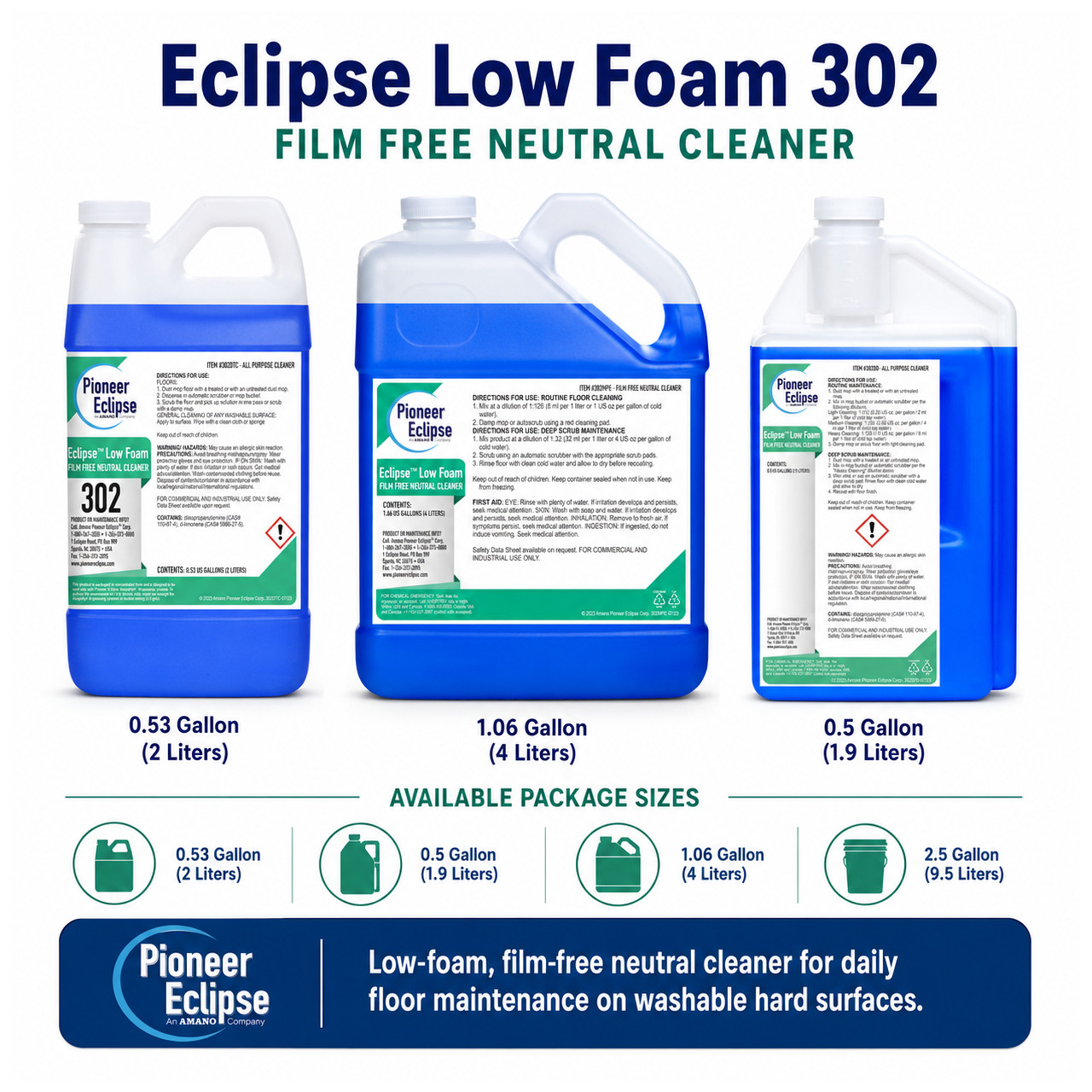 Eclipse Low Foam 302 is a film-free neutral cleaner designed for automatic scrubbers, damp mopping, and low-foam daily floor maintenance on terrazzo, marble, quarry tile, concrete, linoleum, treated wood, and other washable floors.