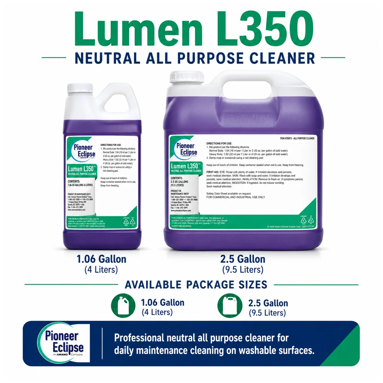 Lumen L350 Neutral All Purpose Cleaner is a lavender-scented daily cleaner for washable floors, damp mopping, and automatic scrubber cleaning programs.