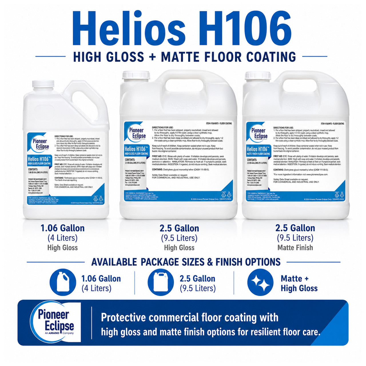 Helios H106 Floor Coating is available in matte and high gloss finishes to protect and refresh LVT and other commercial hard floors with strong scuff and black heel mark resistance.