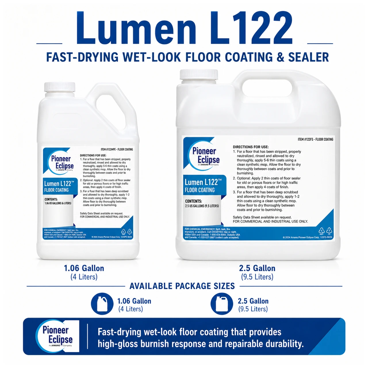 Lumen L122 Floor Coating is a fast-drying wet-look floor coating and sealer designed for high-gloss commercial floor care, burnish response, and durable protection on properly prepared hard floors.