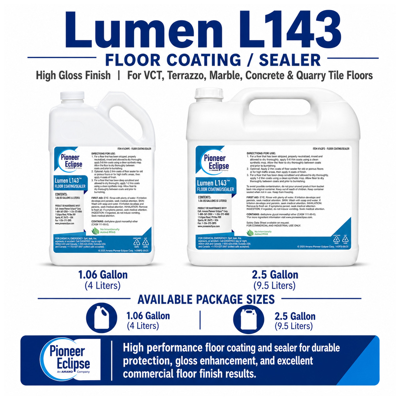 Pioneer Eclipse Lumen L144 Floor Coating 2.5 gallon container for high-gloss commercial floor coating, burnish response, and durable hard floor protection.