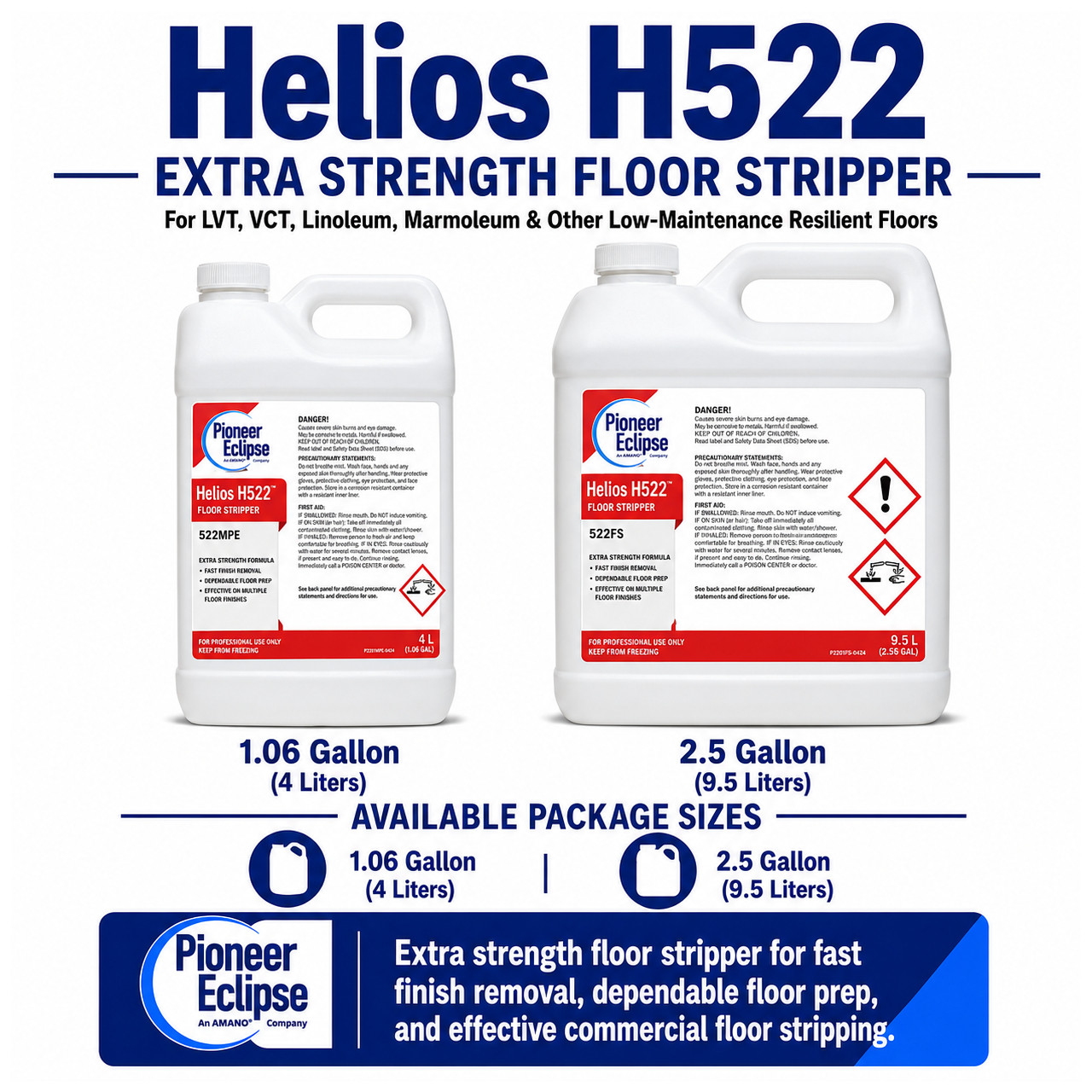 Helios H522 is an extra-strength commercial floor stripper designed for fast finish removal, dependable floor preparation, and effective stripping on compatible resilient floors.