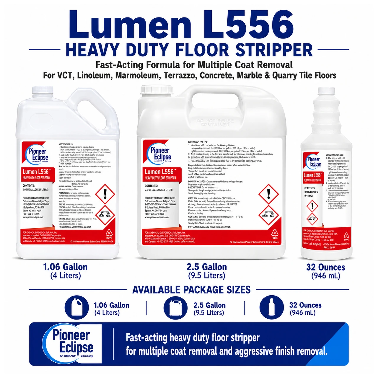 Pioneer Eclipse Lumen L556 Heavy Duty Floor Stripper product graphic showing 1.06 gallon, 2.5 gallon, and 32 ounce package sizes for fast-acting commercial floor finish removal.