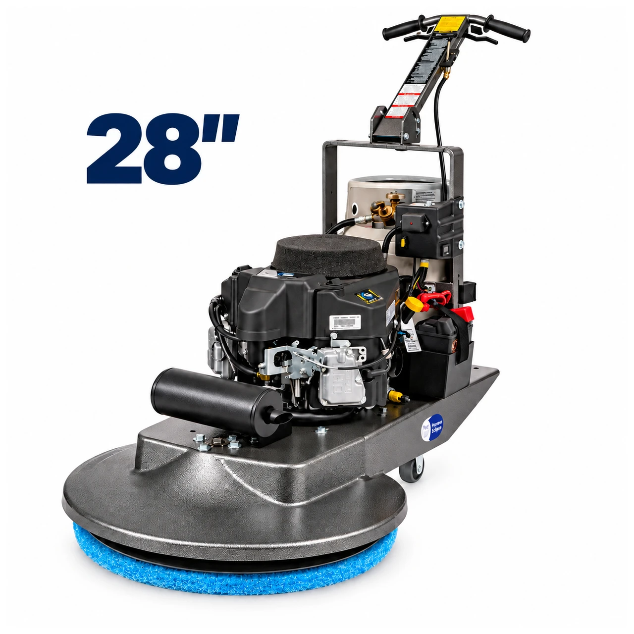 Pioneer Eclipse 400BU 28-inch propane floor burnisher on a white background with a large navy 28-inch size label.