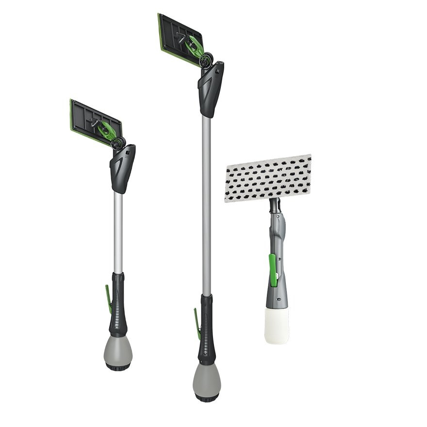 IPC Eagle Cleano indoor window cleaning tools shown in multiple sizes, featuring ergonomic handles, microfiber pads, and lightweight telescopic poles for chemical-free high-reach surface cleaning.