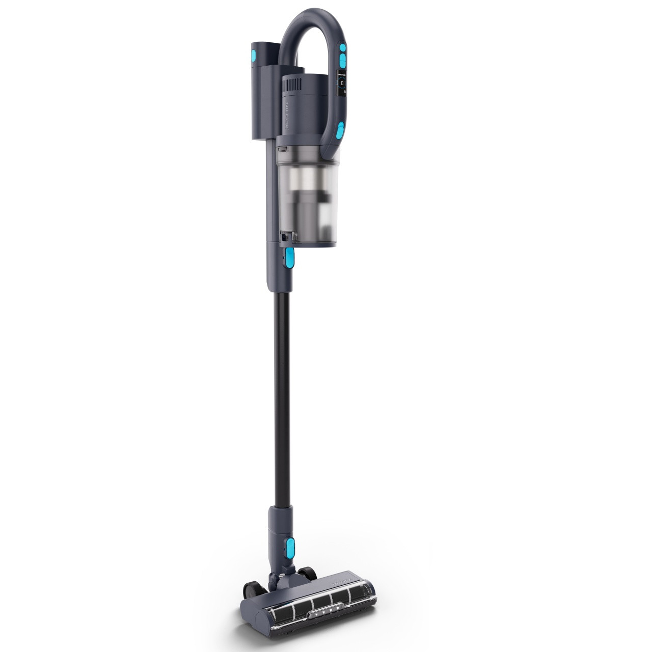 Studio image of the Advance/Nilfisk VU200 cordless stick vacuum shown from a side angle. The photo highlights the slim profile, ergonomic upper handle, transparent dust bin, and the low-profile motorized nozzle designed for commercial quick-cleaning tasks.