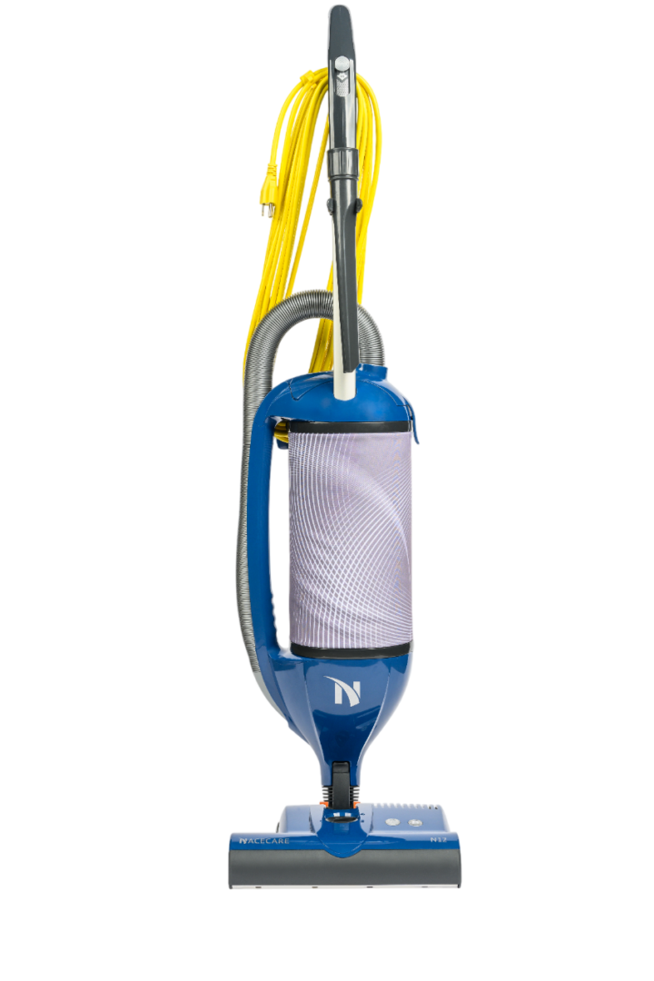 Heavy-duty commercial upright vacuum designed for daily use in schools, offices, and healthcare facilities. Compact footprint with powerful dual-motor suction.