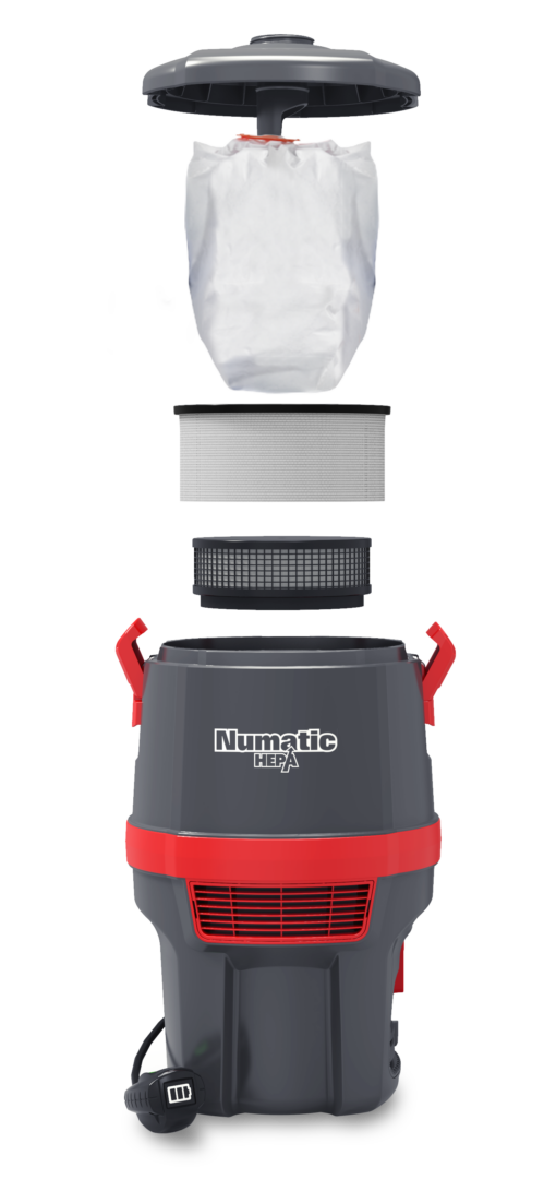 Exploded view of the RBV 150NXH HEPA filtration system showing multi-stage filtration, including filter bag, pre-filter, and certified HEPA13 filter cartridge.