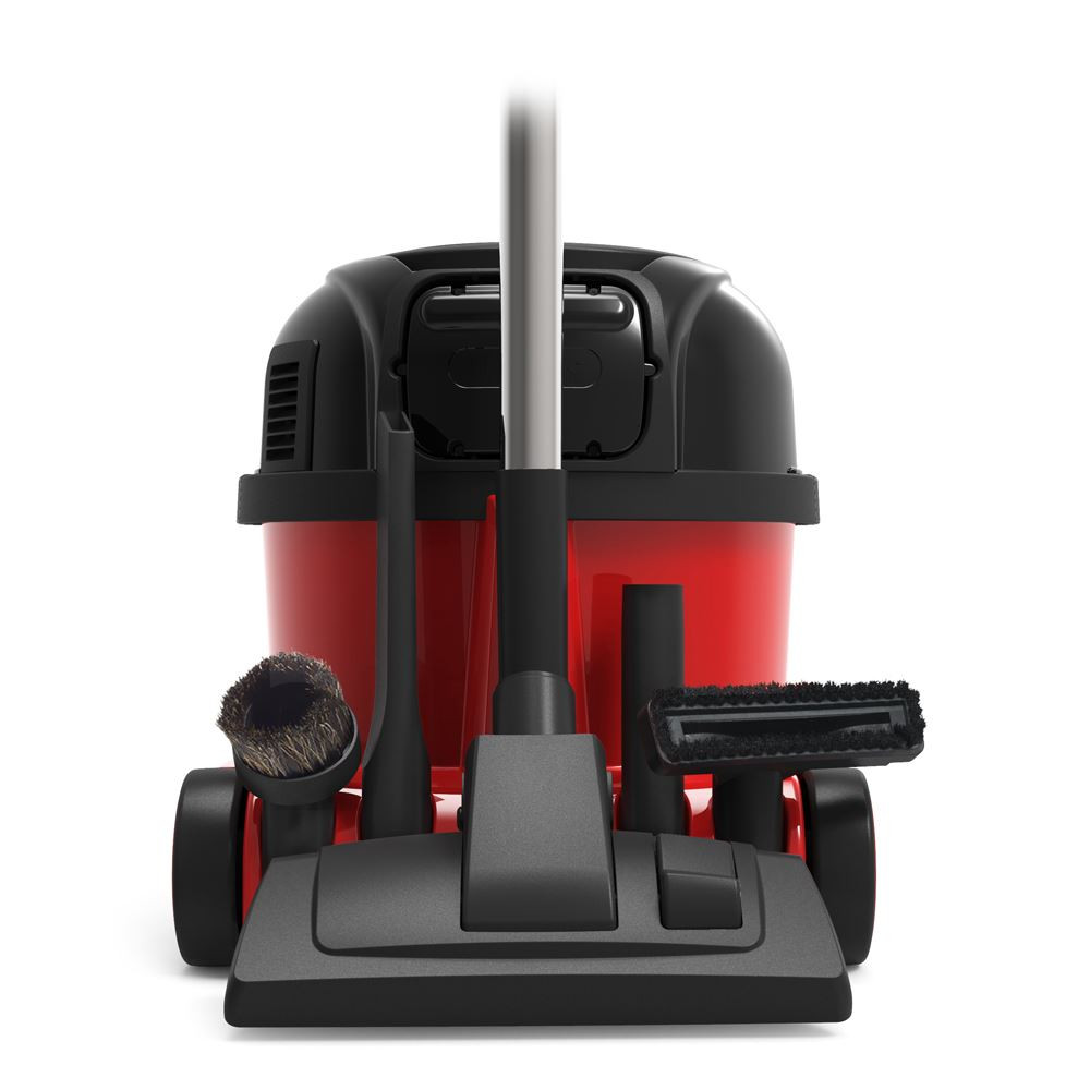 Rear view of the NaceCare NBV 240NX battery-powered canister vacuum featuring onboard accessory storage and compact cordless design.