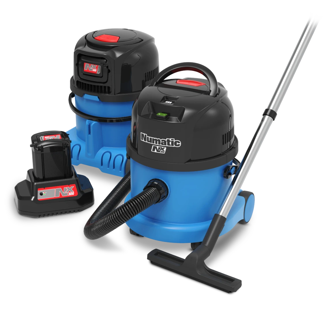 Side view of Numatic WVB 370NX cordless wet and dry vacuum with stainless steel wand and floor tool