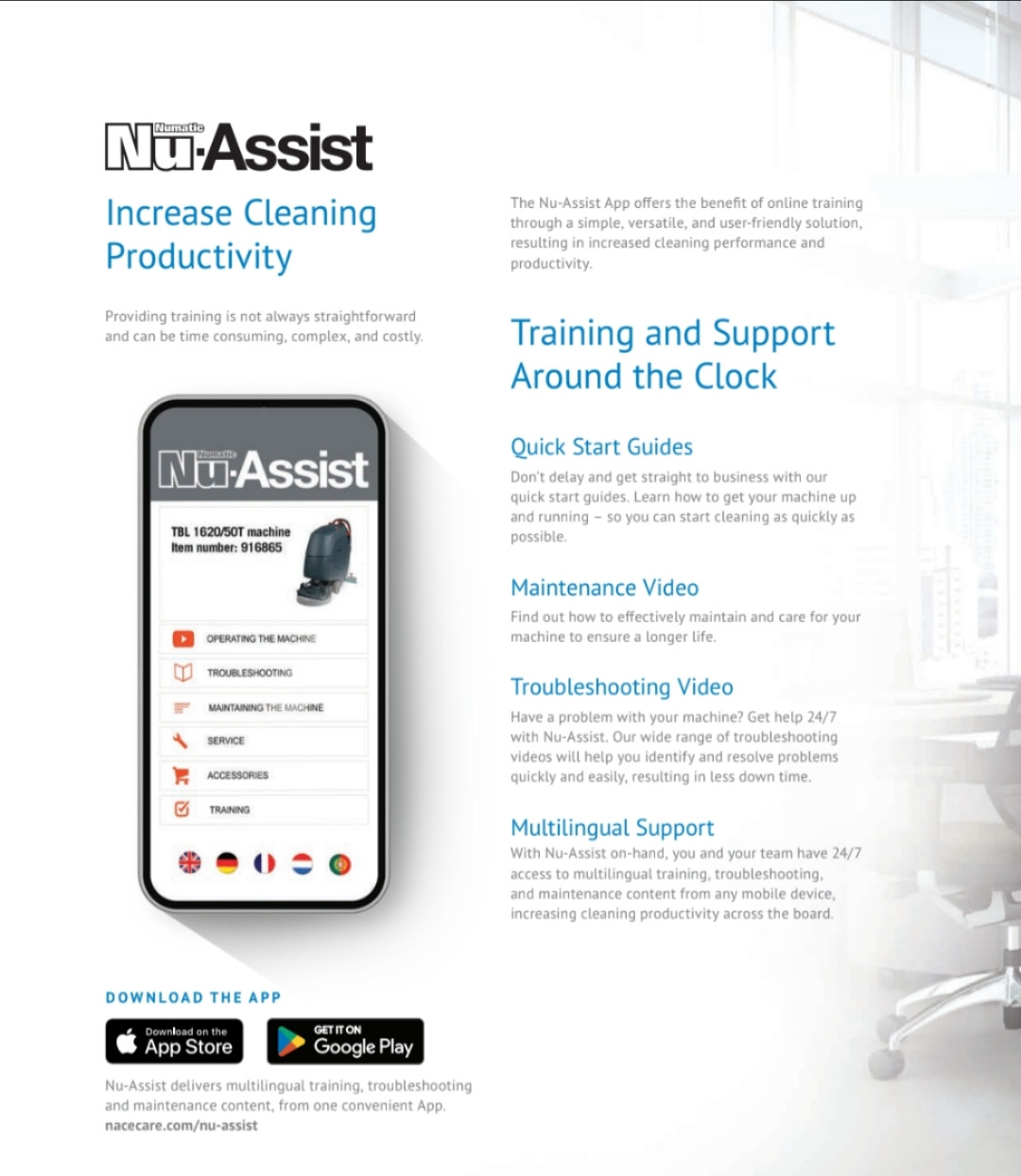 NaceCare Nu-Assist mobile app providing free training, troubleshooting videos, maintenance guides, and multilingual support for commercial cleaning equipment.