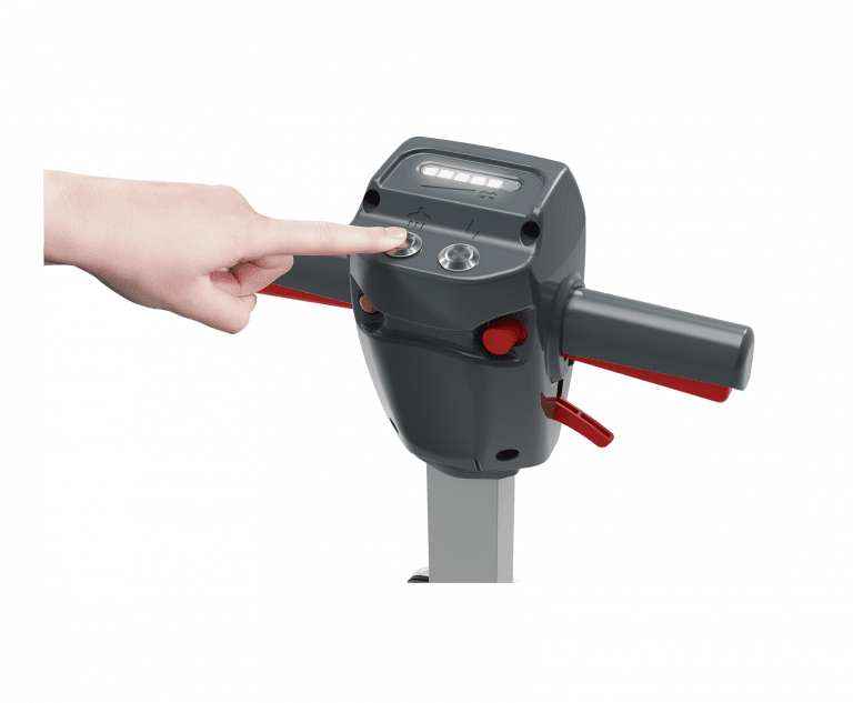 Close-up of the NUC 244NX control panel featuring simple dashboard controls and battery level indicator for easy operation.