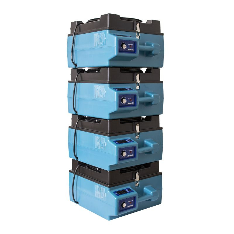 Stackable XPOWER X-4700A HEPA air scrubbers designed for transport and storage