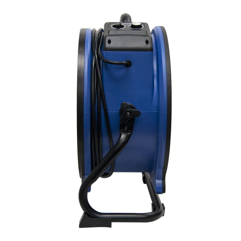 XPOWER X-48ATR axial fan right side view showing variable speed control, built-in GFCI outlets, and sturdy frame