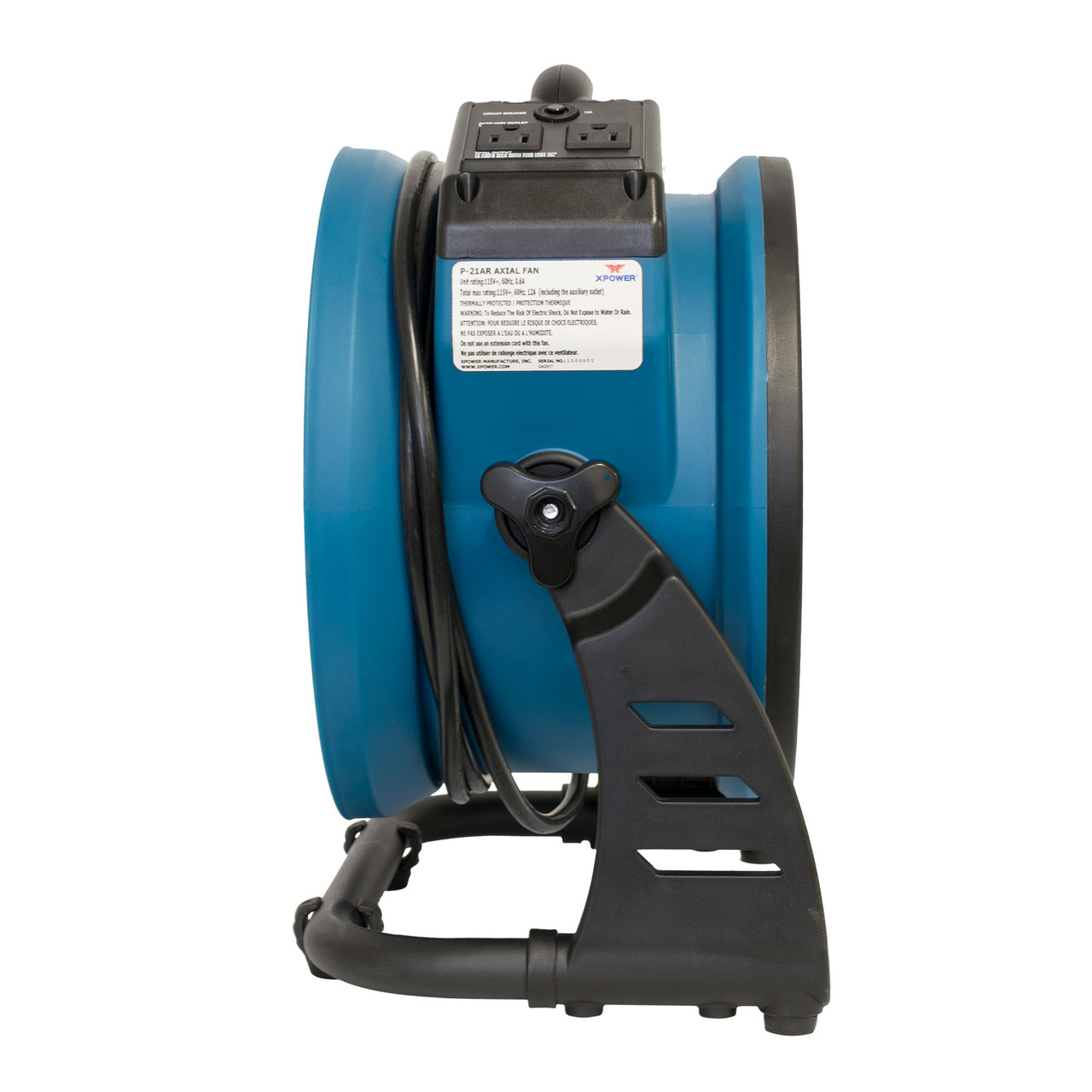 Side view of XPOWER  axial fan with rack stand and wrap-around power cord