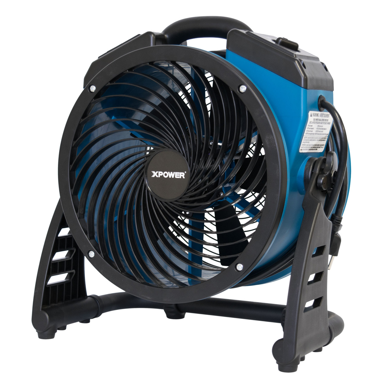 Angled left view of XPOWER P-21AR axial fan highlighting compact housing and airflow design
