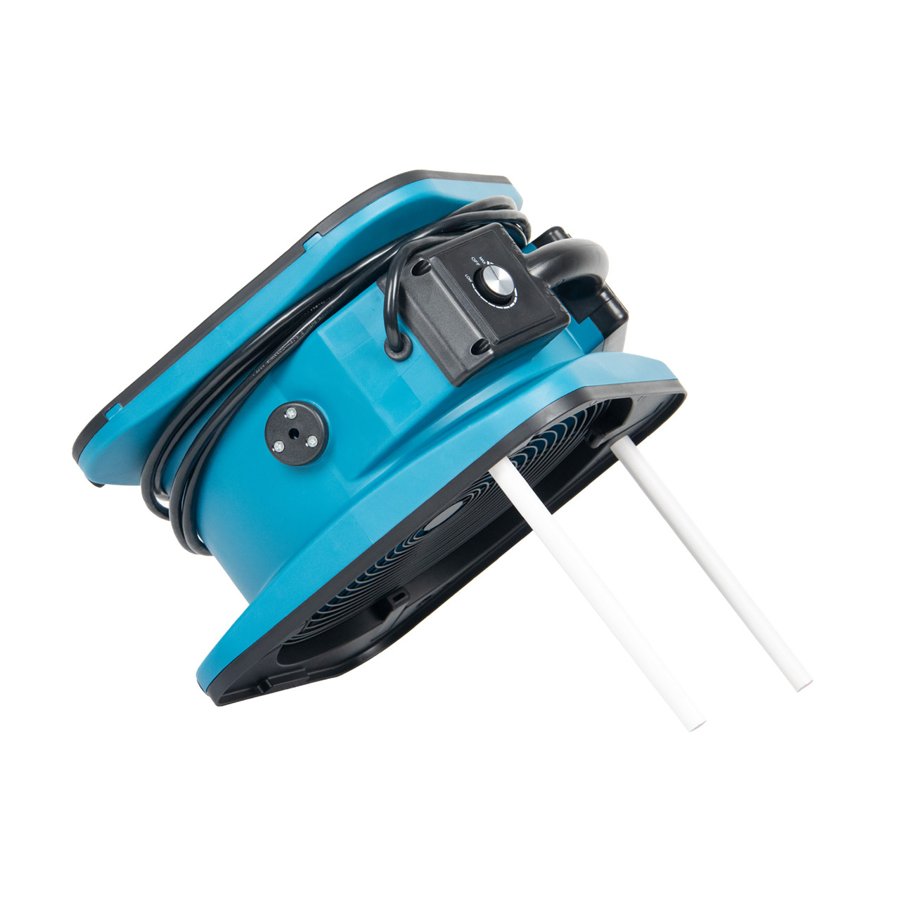 XPOWER P-56A axial air mover with PVC rod positioning demonstrating optional multi-position airflow control.