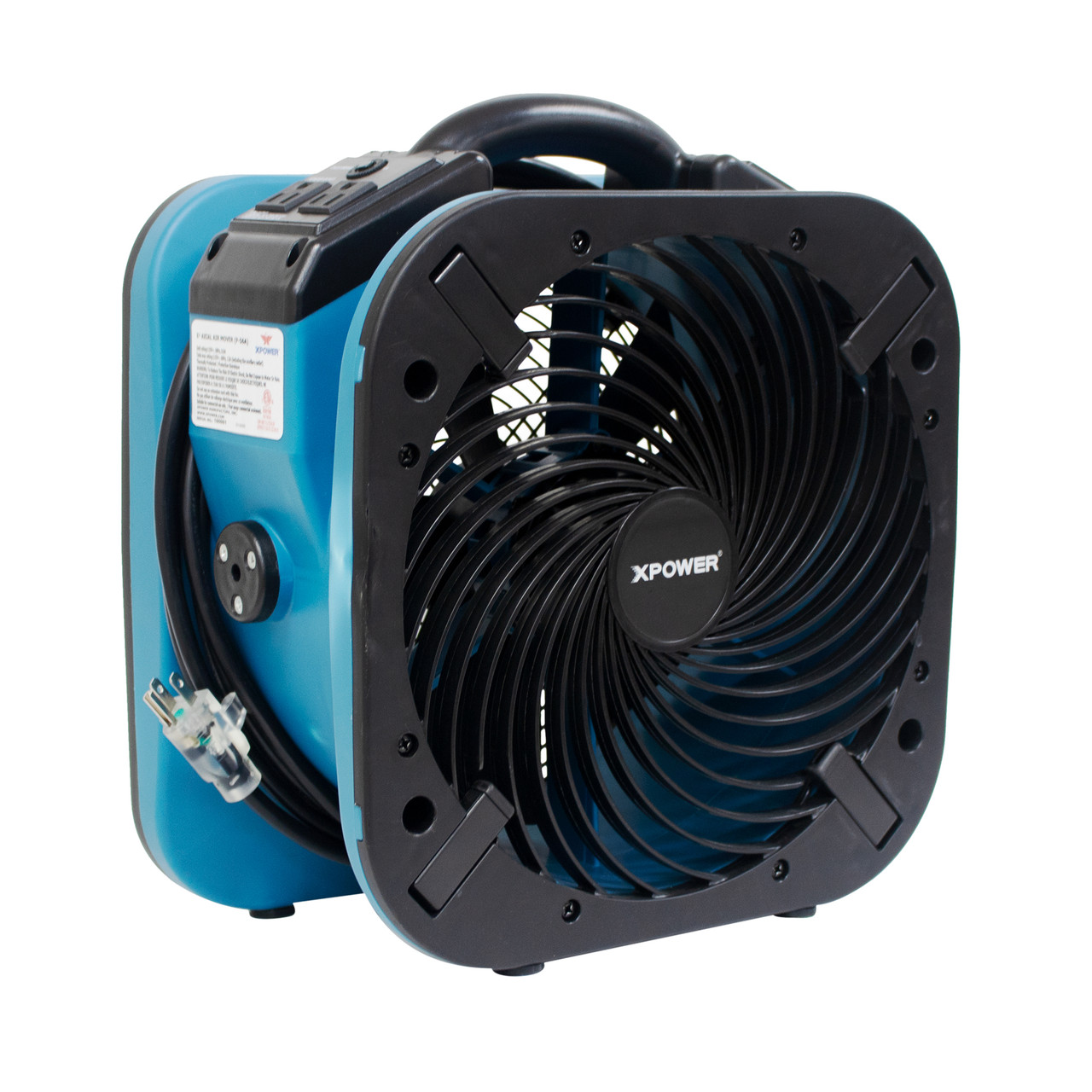 XPOWER P-56A axial air mover angled side view displaying durable polypropylene housing and integrated carry handle.