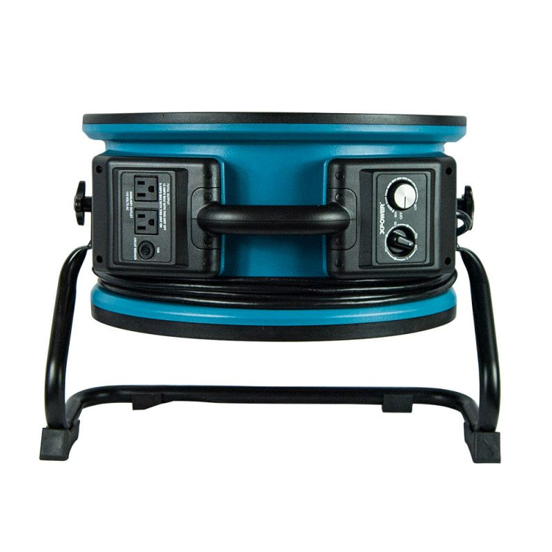 XPOWER X-47ATR axial air mover top view showing built in power outlets, variable speed control, and 3 hour timer