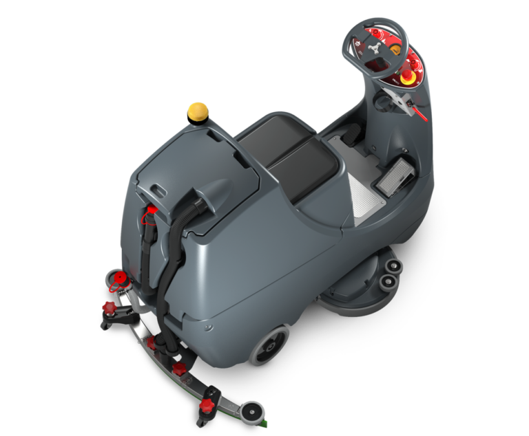 Top view of CRL 2128 compact ride-on scrubber showing ergonomic operator platform