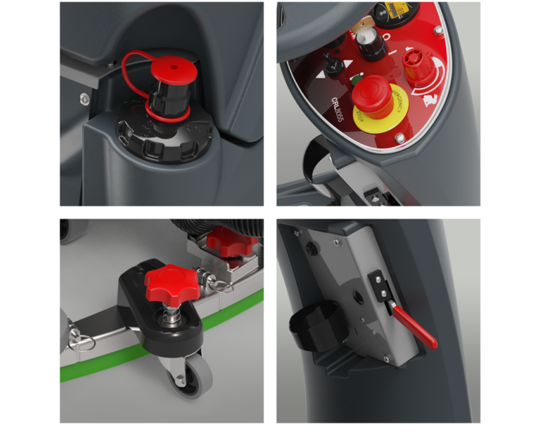 CRL 2128 ride-on scrubber touch points including controls, solution fill, and service access
