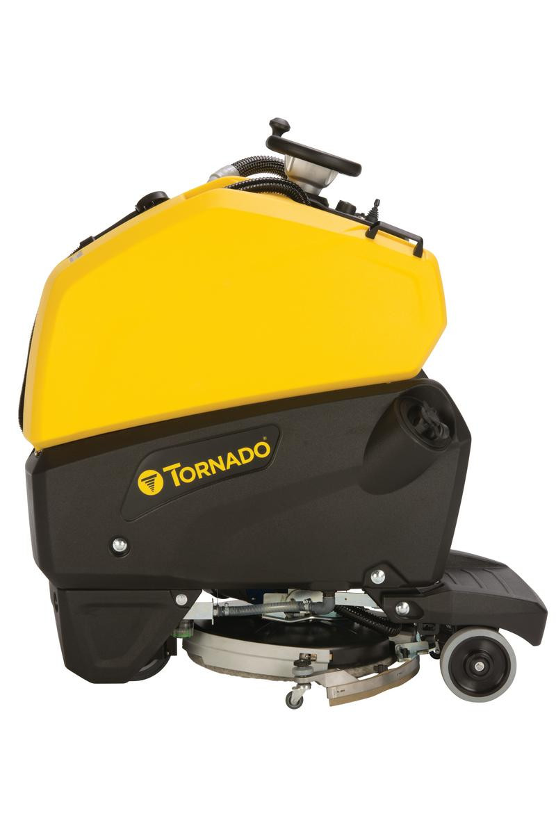 Tornado BDSO 20/21 stand-on floor scrubber side view with 20-inch scrub deck, pad driver, and self-propelled drive system