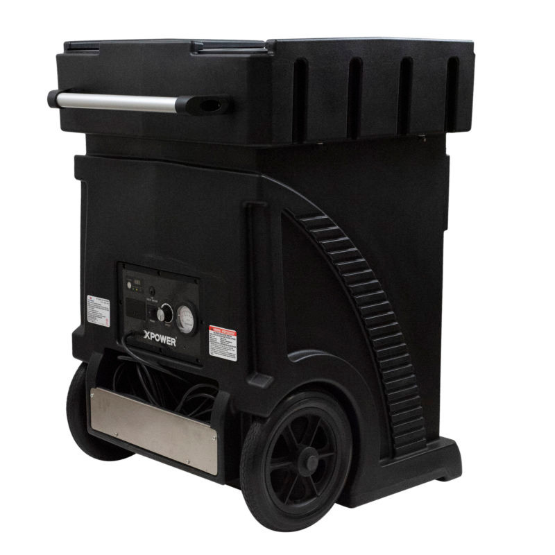 XPOWER AP-2500D commercial HEPA air scrubber back angle view with integrated wheels, cord storage, and negative air exhaust outlet