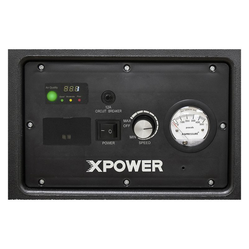 XPOWER AP-2500D control panel with PM2.5 air quality sensor, variable speed control, pressure gauge, and circuit breaker