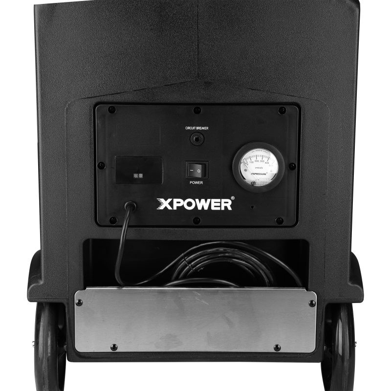 XPOWER AP-2500U commercial HEPA air scrubber back angle view with integrated wheels, cord storage, and negative air exhaust outlet