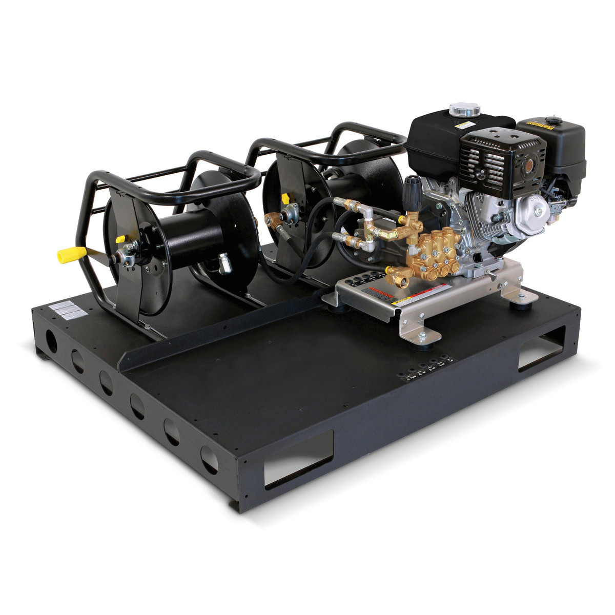 Karcher Teton Series skid-mounted cold water gas pressure washer with dual hose reels, commercial engine, brass pump, and heavy-duty steel base frame