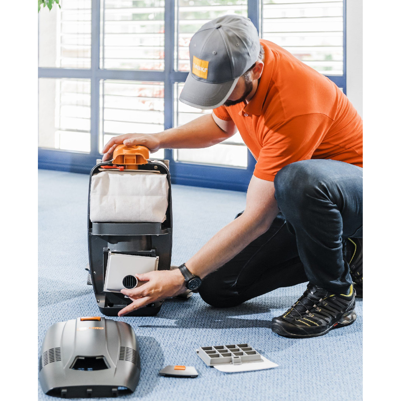 TASKI AERO BP internal filtration system with high efficiency filter installed for dust control