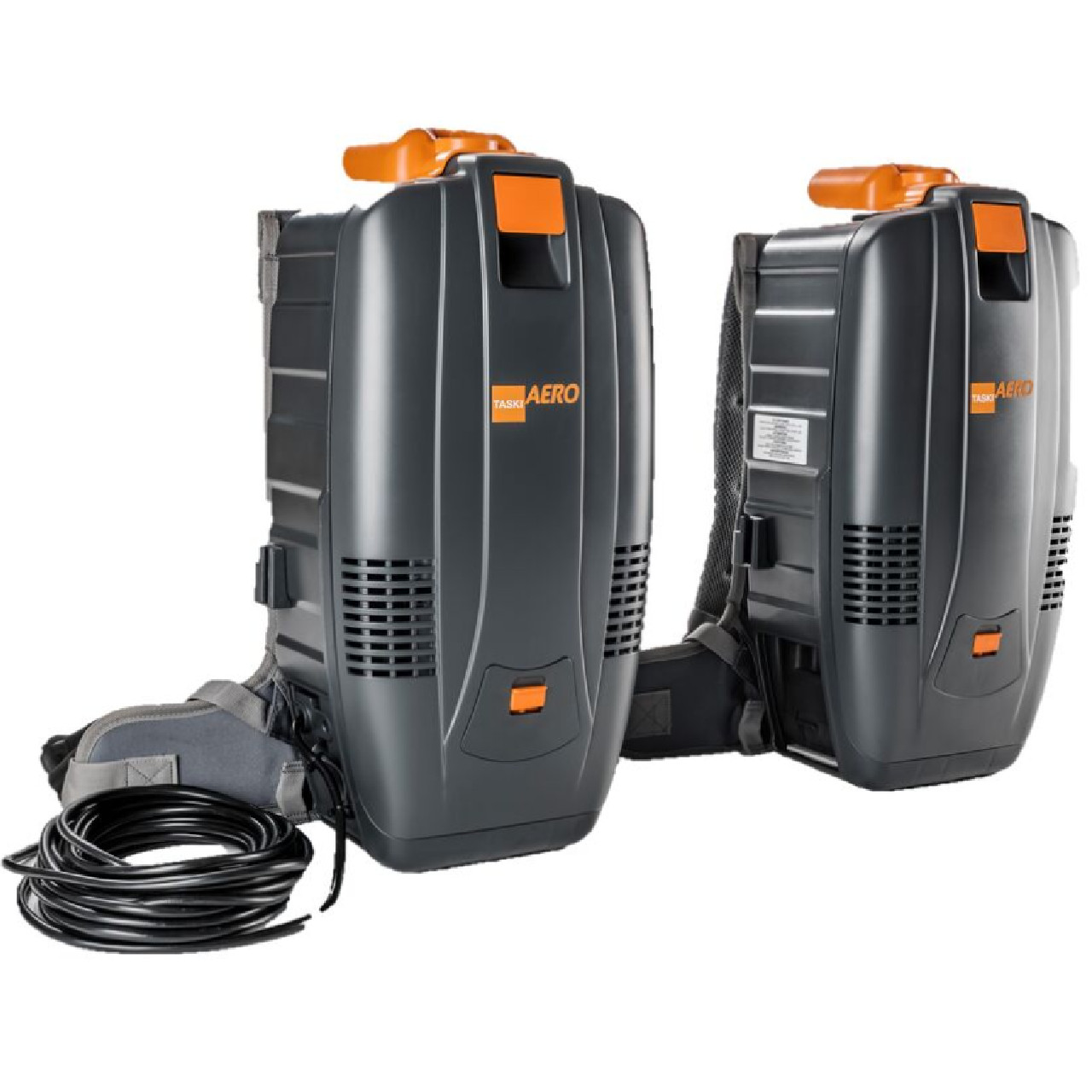 TASKI AERO BP E corded backpack vacuum front and rear view with power cord included