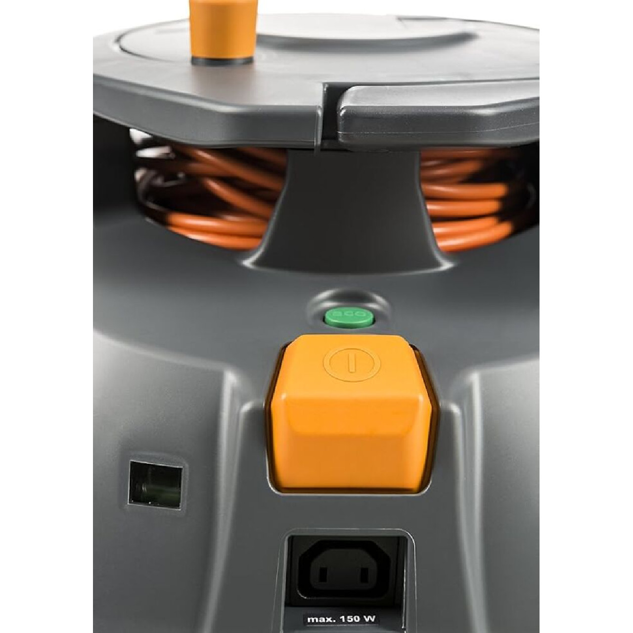 Close-up of the TASKI AERO 8 PLUS top section showing the power switch, eco mode button, and built-in cable reel for efficient cord management.