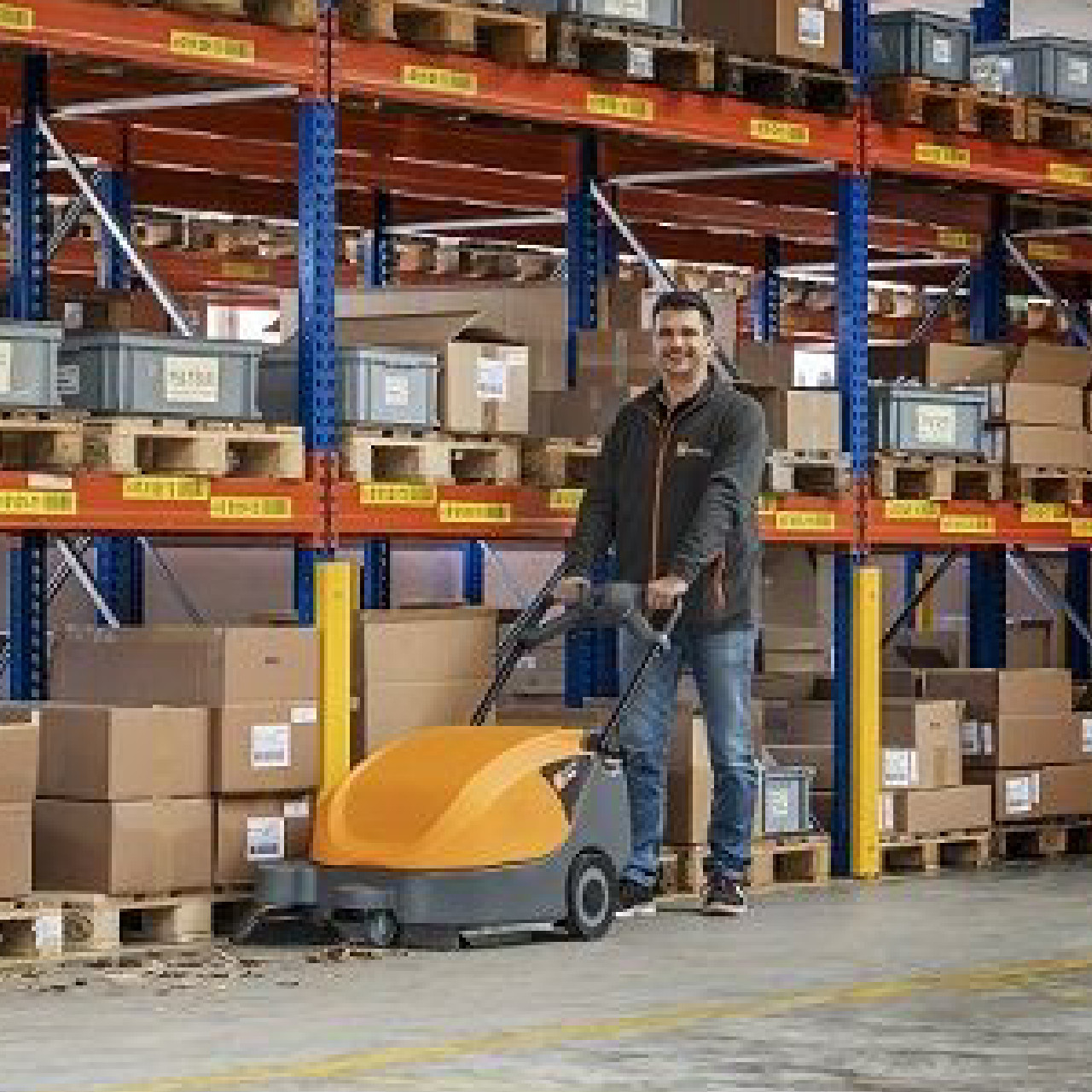 TASKI balimat 2300 compact sweeper used in warehouse aisles for efficient debris removal