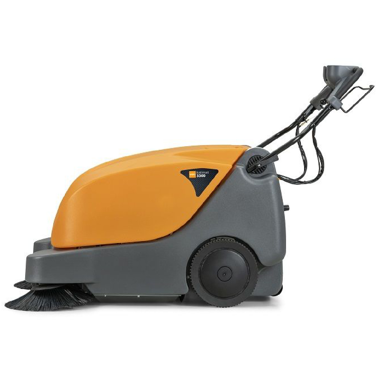 Side view of TASKI Balimat 3300 commercial floor sweeper showing compact design and large transport wheels