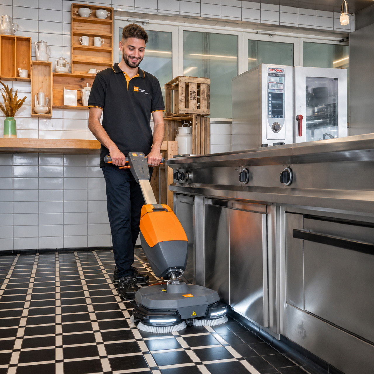 TASKI ULTIMAXX 360 compact auto scrubber cleaning commercial kitchen tile floor